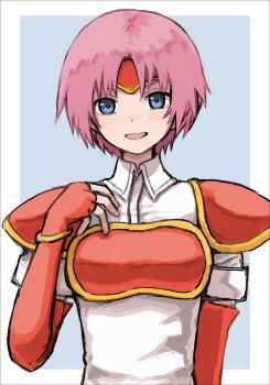1girl armor blue_eyes bracelet breastplate commentary_request fire_emblem fire_emblem:_path_of_radiance highres jewelry kitaokasensei looking_at_viewer marcia_(fire_emblem) nintendo outside_border pink_hair short_hair simple_background solo upper_body