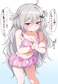 1girl absurdres alternate_costume armpit_crease bare_shoulders bikini bikini_skirt blue_background commentary_request cowboy_shot crown_hair_ornament floral_print floral_print_bikini gradient_background grey_hair hair_between_eyes hair_bobbles hair_ornament highres long_hair looking_at_viewer pink_bikini print_bikini red_eyes ryogoku_tsukasa simple_background solo specialite_(company) sweatdrop swimsuit translation_request utsusumi_kio