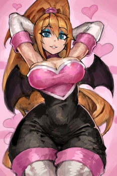1girl arms_behind_head bat_wings black_bodysuit blonde_hair blue_eyes blue_eyeshadow bodysuit breasts cosplay elbow_gloves eyeshadow gloves heart highres large_breasts long_hair looking_at_viewer makeup metroid nintendo parted_lips pink_background ponytail rouge_the_bat rouge_the_bat_(cosplay) saiykik samus_aran solo sonic_(series) thick_thighs thighs white_gloves wide_hips wings