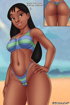 1girl absurdres artist_name ass ass_focus beach bikini black_hair blue_bikini breasts brown_eyes cameltoe cleavage dark-skinned_female dark_skin day english_text green_bikini hand_on_own_hip highres huge_ass large_breasts lilo_&amp;_stitch long_hair looking_at_another looking_at_viewer multicolored_bikini nani_pelekai narrow_waist navel outdoors parted_lips shiny_skin smile solo standing striped_bikini striped_clothes swimsuit thong thong_bikini toned two-tone_bikini wet wide_hips zugalewd