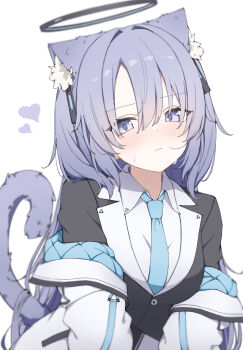 Rule 34 | 1girl, animal ear fluff, animal ears, animal hands, black suit, blue archive, blue necktie, blush, cat ears, cat girl, cat tail, closed mouth, collared shirt, commentary request, formal clothes, gloves, hair between eyes, halo, highres, jacket, kemonomimi mode, long hair, long sleeves, looking at viewer, mechanical halo, necktie, off shoulder, purple eyes, purple hair, shirt, solo, suit, sweatdrop, tail, upper body, white background, white jacket, white shirt, yuuka (blue archive), yuukun mk-ii