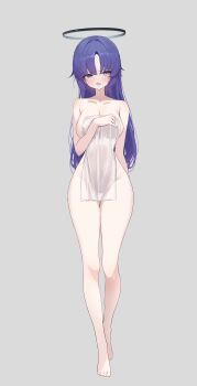Rule 34 | 1girl, absurdres, black halo, blue archive, blue eyes, blush, breasts, cleavage, commentary request, full body, hair between eyes, halo, highres, holding, holding towel, large breasts, long hair, looking at viewer, naked towel, nude, open mouth, original, purple eyes, purple hair, see-through clothes, simple background, solo, standing, sukoyaka konbu, towel, wet, yuuka (blue archive)