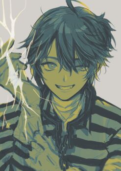 1boy adjusting_clothes adjusting_gloves ahoge bandaged_neck bandages bruise bruised_eye chain collar electricity fang gloves grin hair_between_eyes half-closed_eye highres identity_v injury luca_balsa male_focus metal_collar monochrome portrait shirt smile solo striped_clothes striped_shirt suyapipi uneven_eyes