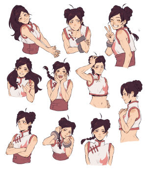 1girl :d ;) ahoge alternate_hairstyle armpits boruto:_naruto_next_generations brown_eyes brown_hair chinese_clothes closed_eyes closed_mouth crossed_arms groin highres looking_at_viewer midriff multiple_views naruto_(series) navel ninja one_eye_closed open_mouth papabay simple_background smile tenten_(naruto) upper_body v white_background