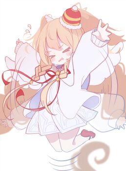 &gt;_&lt; commentary_request granblue_fantasy harvin hat highres long_hair mahira_(granblue_fantasy) mahira_(holiday)_(granblue_fantasy) mini_hat pantyhose red_ribbon red_shoes ribbon ropen_yoji shoes twintails very_long_hair white_background white_pantyhose