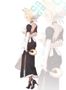 02milos02 1girl absurdres animal_ears apron ass black_dress black_shoes black_thighhighs blonde_hair blue_archive blue_eyes blue_halo blush breasts bun_cover clenched_teeth commentary_request covered_erect_nipples dog_ears dog_girl dress duster elbow_gloves gloves hair_bun halo high_heels highres holding holding_duster kanna_(blue_archive) large_breasts maid maid_apron maid_headdress sharp_teeth shoes short_sleeves solo teeth thighhighs white_gloves zoom_layer