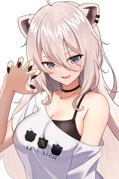 Rule 34 | 1girl, ahoge, animal ear piercing, animal ears, black bra, black choker, black nails, bra, breasts, choker, claw pose, cleavage, commentary request, grey eyes, grey hair, highres, hololive, large breasts, lion ears, lion girl, long hair, looking at viewer, marishia holo, nail polish, official alternate costume, open mouth, shirt, shishiro botan, shishiro botan (midnight convenience store), smile, solo, underwear, very long hair, virtual youtuber, white shirt