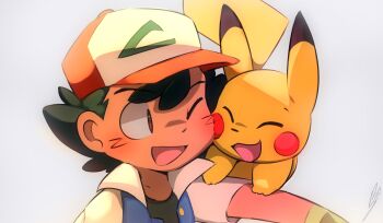 1boy ;d ash_ketchum baseball_cap black_hair blue_jacket blush brown_eyes cheek-to-cheek closed_eyes commentary english_commentary gen_1_pokemon happy hat heads_together highres jacket male_focus nintendo on_shoulder one_eye_closed open_clothes open_jacket open_mouth pikachu pokemon pokemon_(anime) pokemon_(classic_anime) pokemon_(creature) pokemon_on_shoulder short_hair simple_background smile upper_body white_background wolfaroon