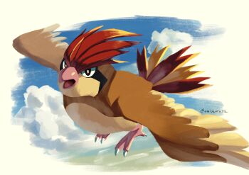 absurdres animal_focus beak bird blue_sky flying full_body gen_1_pokemon highres nintendo no_humans noahzark1212 open_mouth pidgeotto pokemon pokemon_(creature) pokemon_focus sky solo tail talons wings