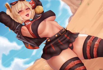 1girl alternate_eye_color black_panties black_thighhighs blonde_hair breasts burnice_white eyewear_on_head highres large_breasts navel panties reowocchi short_hair short_twintails smile solo sunglasses teeth thick_thighs thighhighs thighs thong tinted_eyewear tongue tongue_out twintails underwear upper_teeth_only zenless_zone_zero