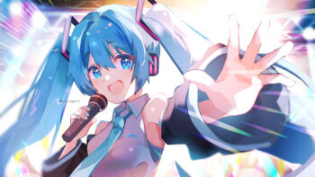 Rule 34 | 1girl, aqua eyes, aqua hair, aqua nails, aqua necktie, aqua trim, black sleeves, blush, breasts, collared shirt, commentary request, detached sleeves, grey shirt, hair between eyes, hair ornament, hatsune miku, headset, holding, holding microphone, long sleeves, looking at viewer, microphone, necktie, nico eggroll, open mouth, shirt, sleeveless, sleeveless shirt, small breasts, smile, solo, twintails, upper body, vocaloid, wide sleeves