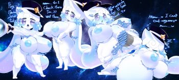 absurdres breasts colored_skin commentary cookie_run cum_inflation english_commentary highres huge_breasts inflation milky_way_cookie nude opqhlak space white_hair white_skin