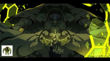 1girl absurdres alien apoloniodraws arm_shield arm_up ben_10 ben_10:_ultimate_alien breasts colored_skin corset dress frilled_sleeves frills genderswap genderswap_(mtf) glowing glowing_eye green_eyes green_skin highres holding mecha omnitrix pointy_ears robot terraspin turtle_shell