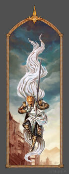 Rule 34 | 1boy, absurdres, anor londo, architecture, armored boots, black pants, blue sky, boots, border, cape, chosen undead, commentary, dark souls (series), dark souls i, english commentary, falling, full body, gauntlets, giantdad (armor combination), gothic architecture, greatsword, grey border, highres, holding, holding sword, holding weapon, in-universe location, knight, male focus, masked, outdoors, pants, sky, solo, super-furet, sword, tabard, weapon, white cape, white tabard, zweihander