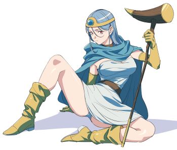 Rule 34 | 1girl, ass, blue hair, boots, breasts, cape, circlet, dragon quest, dragon quest iii, dress, elbow gloves, fuji taku, gloves, gold circlet, highres, large breasts, long hair, panties, pantyshot, red eyes, sage (dq3), sitting, solo, staff, strapless, strapless dress, underwear, white panties, yellow boots, yellow gloves
