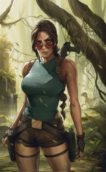 1girl aqua_leotard brown_eyes brown_gloves brown_hair brown_shorts fingerless_gloves glasses gloves gun gun_on_back handgun highres holster illyne_cosplay jungle lara_croft leaf leotard long_hair nature outdoors plant ponytail red-tinted_eyewear round_eyewear short_shorts shorts signature solo thigh_holster tinted_eyewear tomb_raider tree weapon weapon_on_back