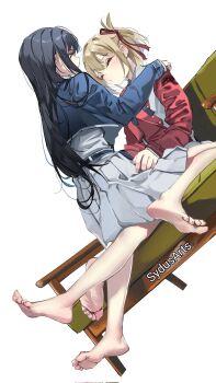 2girls artist_name barefoot black_hair blonde_hair closed_eyes closed_mouth commentary corrupted_twitter_file dress feet grey_dress hair_ribbon highres inoue_takina legs long_hair looking_at_another lycoris_recoil lycoris_uniform multiple_girls nail_polish neckerchief nishikigi_chisato patreon_logo patreon_username pleated_dress red_ribbon ribbon short_hair simple_background soles straddling swept_bangs sydus toenail_polish toenails toes two-tone_dress white_background yuri