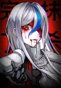 Rule 34 | 1girl, 3063919209, armor, black gloves, blood, blood on face, blue hair, blue streaks, bodysuit, cape, chinese commentary, commentary, facial mark, gloves, gorget, grin, hand up, long hair, multicolored hair, red background, red eyes, shoulder armor, smile, solo, streaked hair, the hundred line -last defense academy-, upper body, v'ehxness, white hair