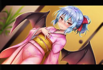 1girl bat_wings black_wings blue_hair blurry blurry_background blush breasts collarbone cowboy_shot high_ponytail indoors japanese_clothes kimono okasa_re_taii pink_kimono ponytail red_eyes remilia_scarlet slit_pupils small_breasts solo touhou wings