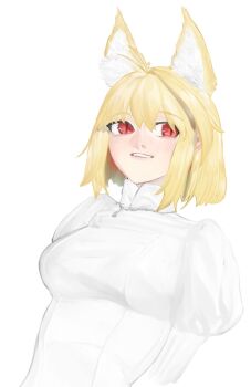 1girl ahoge animal_ears antenna_hair arcueid_brunestud blonde_hair breasts cat_ears highres jewelry leodot long_sleeves looking_at_viewer medium_breasts melty_blood red_eyes short_hair smile solo sweater tsukihime tsukihime_(remake) turtleneck type-moon white_sweater