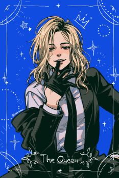 Rule 34 | 1girl, artist name, biting, biting glove, black gloves, black jacket, black necktie, black pants, blonde hair, blue background, breasts, commentary, cowboy shot, crown (symbol), emily armstrong, english commentary, english text, gloves, grey hair, highres, jacket, linkin park, long sleeves, looking at viewer, medium hair, multicolored hair, necktie, noriuma, pants, real life, roots (hair), shirt, single off shoulder, sitting, smile, solo, spread legs, star (symbol), suit jacket, twitter username, white shirt