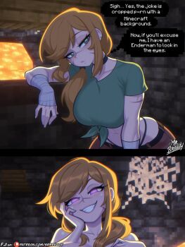 1girl alex_(minecraft) bandaged_arm bandages breasts brown_hair brown_pants collarbone front-tie_top green_eyes green_shirt grin highres large_breasts long_hair looking_at_viewer midriff minecraft muscular muscular_female navel paid_reward_available pants patreon_logo patreon_username purple_eyes scar scar_on_face shirt side_ponytail sidelocks smile solo srbready swept_bangs