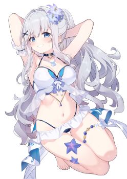 1girl absurdres adina_savic arm_garter armpits arms_behind_head arms_up bare_shoulders barefoot beads bikini bikini_skirt black_choker black_survival blue_eyes breasts choker commission earrings eternal_return:_black_survival flower grin hair_flower hair_ornament halterneck highleg highleg_bikini highres hiraga_matsuri hoop_earrings jewelry large_breasts long_hair looking_at_viewer navel necklace official_alternate_costume ponytail sidelocks skeb_commission smile solo stomach strap_gap string_bikini swimsuit thighlet thighs very_long_hair white_bikini white_hair x_hair_ornament
