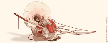 1girl black_hair bridal_veil camo_mile_nflow closed_mouth commentary_request crying crying_with_eyes_open highres hood japanese_clothes katana kimono kneeling korean_commentary limbus_company long_hair long_sleeves on_floor project_moon red_eyes red_sash ryoshu_(project_moon) sash see-through_clothes seiza shiromuku simple_background sitting solo string sword tears uchikake veil wataboushi weapon white_background white_kimono wide_sleeves