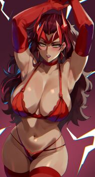 1girl animification armpits arms_behind_head avengers_(series) breasts brown_hair choker gloves highres lainart large_breasts long_hair looking_at_viewer magic marvel marvel_rivals navel presenting_armpit red_choker red_gloves red_thighhighs scarlet_witch sideboob simple_background solo standing stomach thighhighs wanda_maximoff yellow_eyes