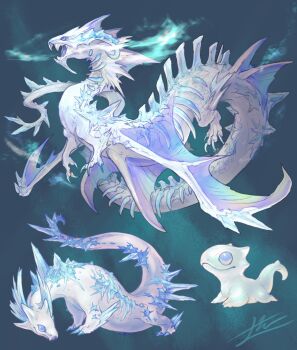 animal_focus baby_animal blue_background blue_horns breath claws commentary_request creature crystal curled_horns dragon evolution fangs fins from_side full_body highres horns ice_crystal monster multiple_wings no_humans open_mouth original profile purple_eyes signature simple_background smile spikes wings yamamura_le