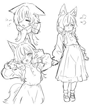 1girl absurdres animal_ear_fluff animal_ears blush child chiyoko_(ishinabe_art) claw_pose closed_eyes closed_mouth commentary dress droopy_ears english_commentary exhausted fang hair_over_one_eye highres ishinabe_art looking_at_viewer low_twintails mary_janes multiple_views open_mouth original pout puff_of_air shoes sketch tail teeth twintails upper_teeth_only wolf_ears wolf_girl wolf_tail