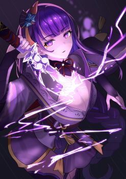 1girl absurdres armor blunt_bangs braid breasts bridal_gauntlets cleavage commentary drawing_sword electricity genshin_impact glowing glowing_eyes glowing_sword glowing_weapon hair_ornament highres holding holding_sword holding_weapon huge_breasts human_scabbard japanese_clothes katana kimono large_breasts litimo long_braid long_hair looking_at_viewer mitsudomoe_(shape) mole mole_under_eye musou_isshin_(genshin_impact) neck_ribbon open_mouth purple_eyes purple_hair purple_kimono purple_nails raiden_shogun red_ribbon red_sash ribbon sash shoulder_armor single_braid solo sword sword_between_breasts tomoe_(symbol) upper_body weapon
