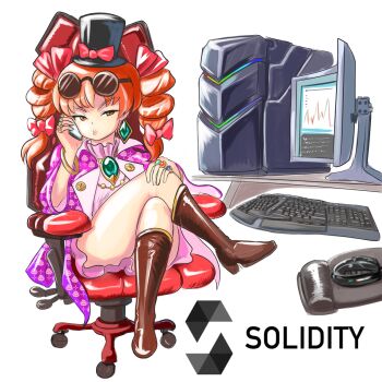 1girl black_hat boots bracelet brown_boots cellphone chair coat commentary computer computer_keyboard computer_mouse computer_tower drill_hair earrings english_commentary eyewear_on_head full_body hand_on_own_knee hat high_heel_boots high_heels highres holding holding_phone jewelry long_hair monitor multiple_rings office_chair on_chair orange_eyes orange_hair pendant phone profitwalrus purple_coat ring simple_background sitting smartphone solidity_(programming_language) solo sunglasses swivel_chair top_hat touhou twin_drills v-shaped_eyebrows white_background yorigami_jo'on