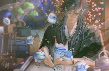 1boy altus_zendoji closed_eyes closed_mouth commentary_request creature falling_petals first_stage_production highres holding holding_paintbrush horns kaikaijins looking_down male_focus mascot paintbrush petals plant pointy_ears shelf single_horn solo tree virtual_youtuber