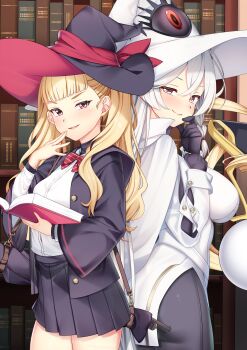 2girls absurdres back-to-back blonde_hair blue_archive book bookshelf cosplay costume_switch eitri_(fire_emblem) eri_(blue_archive) fire_emblem fire_emblem_heroes hand_on_own_face hat highres holding holding_book looking_at_viewer multiple_girls nabunabu nintendo white_hair witch_hat