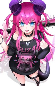 1girl absurdres black_shirt blue_eyes blush bracelet breasts choker curled_horns dragon_horns dragon_tail earrings elizabeth_bathory_(fate) elizabeth_bathory_(perfect)_(fate) elizabeth_bathory_(perfect)_(first_ascension)_(fate) fate/grand_order fate_(series) hair_ribbon highres horns jewelry long_hair looking_at_viewer off_shoulder open_mouth pink_hair pointy_ears ribbon sakuma_kou shirt short_sleeves small_breasts solo spiked_bat tail thigh_strap thighs tongue tongue_out two_side_up