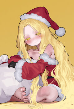 1boy absurdres bag bare_shoulders barefoot belt black_belt black_gloves blonde_hair blush christmas closed_mouth collarbone colored_eyelashes commentary_request crossdressing crossdressing_(mtf) curtained_hair dress ekrea_jan elden_ring feet fur-trimmed_headwear fur-trimmed_sleeves fur_trim gloves half-closed_eyes hat highres indian_style long_hair looking_at_viewer miquella_(elden_ring) parted_bangs red_dress sack santa_costume santa_dress santa_hat sitting smile solo toes trap very_long_hair wavy_hair yellow_background yellow_eyes