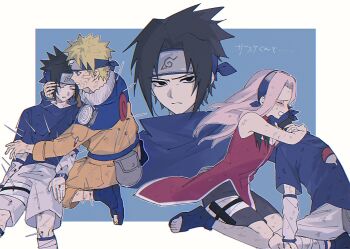 1girl 2boys amaoto250529 arm_around_neck arms_around_neck bandaged_leg bandages bare_arms bare_shoulders black_eyes black_hair black_shorts blonde_hair blue_background blue_eyes blue_hairband blue_headband blue_shirt blue_shoes blush border closed_eyes crying detached_sleeves dirty dirty_clothes dirty_face dress facial_mark furrowed_brow hairband haruno_sakura headband highres injury jacket jumpsuit kneeling konohagakure_symbol light_frown long_hair multiple_boys multiple_views naruto_(classic) naruto_(series) open-toe_shoes orange_jacket orange_jumpsuit orange_pants pants parted_bangs parted_lips pelvic_curtain pink_hair red_dress shirt shoes short_hair shorts spiked_hair tears uchiha_sasuke uzumaki_naruto whisker_markings white_border white_shorts white_sleeves