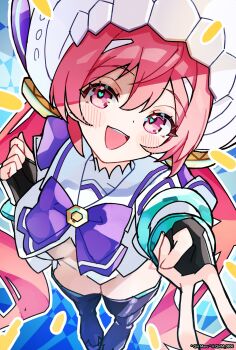 Rule 34 | 1girl, black boots, black gloves, blush stickers, boots, bow, bowtie, bracelet, commentary, fingerless gloves, from above, gloves, hair between eyes, hair ornament, hakuryou high school uniform, heart, heart in eye, highres, jewelry, large hat, long hair, muv-luv, muv-luv girls garden, open clothes, pico (muv-luv girls garden), pink eyes, pink hair, purple bow, purple bowtie, qiri maru, school uniform, shirt, solo, symbol in eye, teeth, twitter username, upper teeth only, v, white shirt