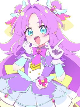 Rule 34 | 1girl, :d, ahoge, akechi anna, back bow, bare shoulders, blue eyes, blush, bow, brooch, buttons, capelet, clenched hand, commentary, cure answer, dot nose, double-breasted, double bun, dress, glove bow, gloves, gold buttons, hair bun, hair flaps, hair intakes, hair ornament, hands up, heart, heart brooch, heart in eye, highres, impossible hair, index finger raised, jewelry, layered dress, long hair, looking at viewer, magical girl, medium dress, meitantei precure!, off-shoulder dress, off shoulder, open mouth, pact holder, pleated dress, pouch, precure, purple bow, purple capelet, purple dress, purple gloves, purple hair, sidelocks, simple background, smile, solo, symbol in eye, teeth, thick eyebrows, twitter username, upper body, upper teeth only, very long hair, white background, wing hair ornament, yellow bow, yunapi79