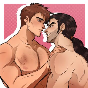 2boys astarioff bara border brown_eyes brown_hair bruise bruise_on_chest closed_mouth collarbone commentary dispatch english_commentary flambae_(dispatch) forked_eyebrows hand_on_another&#039;s_shoulder highres injury lips long_hair male_focus medium_sideburns multiple_boys nipples nude outside_border pectorals ponytail robert_robertson short_hair smile teeth white_border yaoi