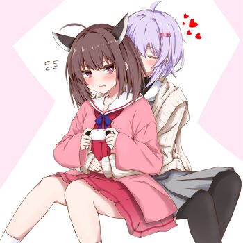 2girls a.i._voice ahoge black_pantyhose blush brown_cardigan brown_hair cardigan closed_eyes commentary_request controller flying_sweatdrops game_controller grey_skirt hair_ornament hairclip headgear heart highres holding holding_controller holding_game_controller hug long_sleeves mac_4229 medium_hair multiple_girls open_mouth pantyhose partial_commentary pleated_skirt purple_eyes purple_hair red_eyes red_skirt sailor_collar school_uniform short_hair skirt smelling smelling_hair socks touhoku_kiritan voiceroid white_sailor_collar white_socks yuri yuzuki_yukari yuzuki_yukari_(shizuku)