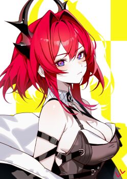 1girl absurdres arknights arknights:_endfield artist_name black_dress black_horns black_jacket blue_eyes breasts cleavage closed_mouth commentary_request dress hair_intakes highres horns jacket korean_commentary laevatain_(arknights) large_breasts ll_0109 looking_at_viewer looking_to_the_side medium_hair off_shoulder open_clothes open_jacket red_hair sidelocks slit_pupils solo surtr_(arknights) upper_body yellow_background