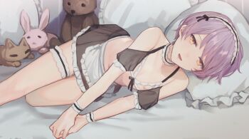1boy apron armpits bare_shoulders bikini bikini_ribbon black_choker black_panties black_ribbon black_skirt black_wrist_cuffs bra choker commentary_request crossdressing crossdressing_(mtf) cupless_bra dot_nose feet_out_of_frame frilled_apron frilled_bikini frilled_choker frilled_pillow frilled_skirt frilled_sleeves frilled_thigh_strap frilled_wrist_cuffs frills head_on_pillow highres indoors looking_at_viewer lower_teeth_only lying maid maid_bikini maid_headdress male_focus male_maid navel nipples on_bed on_side open_mouth orange_eyes original own_hands_together panties partial_commentary pillow puffy_short_sleeves puffy_sleeves purple_hair purple_hair_boy_(sunaba_(nczd5875)) ribbon see-through_clothes see-through_skirt see-through_sleeves short_hair short_sleeves skirt smile solo stuffed_animal stuffed_cat stuffed_rabbit stuffed_toy sunaba_(nczd5875) swimsuit teddy_bear teeth thigh_strap thighs two-tone_wrist_cuffs unconventional_maid underwear white_apron white_bikini white_choker white_headdress white_wrist_cuffs wrist_cuffs
