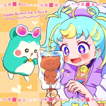+_+ 1girl :d ahoge animal_hat blonde_hair blue_collar blue_hair blush candy cat_hat chii_(chi_pppuri) chimumu chimumu_(hamster) chocolate collar commentary drooling food hamster hands_up happy_valentine hat holding holding_candy holding_food long_hair mouth_drool multicolored_hair myamu open_mouth pink-tinted_eyewear pov pov_hands pretty_series purple_eyes smile sparkle streaked_hair sunglasses symbol-only_commentary tinted_eyewear twintails upper_body waccha_primagi! white-framed_eyewear wrapped_candy
