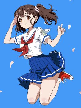 1girl absurdres blue_background blush brown_eyes brown_hair flower hair_flower hair_ornament high_school_fleet highres jumping long_hair looking_at_viewer midriff_peek neckerchief pleated_skirt red_neckerchief sailor_collar shiretoko_rin shirt shirt_overhang shoes short_sleeves skirt smile sneakers socks solo thighs twintails white_shirt white_socks zaofeng