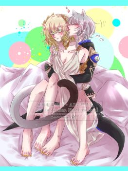 2girls aglaea_(honkai:_star_rail) animal_ear_fluff animal_ears barefoot bed blonde_hair blush braid breasts cat_ears cat_girl cat_tail cipher_(honkai:_star_rail) cleavage commentary_request dress ear_licking green_eyes grey_hair highres honkai:_star_rail honkai_(series) hug hug_from_behind large_breasts laurel_crown licking mippe_0613 multiple_girls sleeveless tail thigh_strap yuri