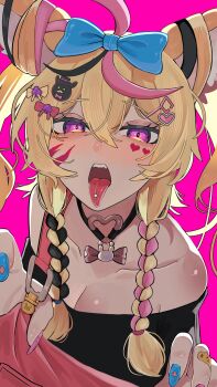 1girl absurdres animal_ears black_choker black_shirt black_streaks blonde_hair blue_nails braid breasts choker cleavage commentary_request fox_ears fox_girl heart heart_o-ring highres hololive looking_at_viewer medium_breasts medium_hair nail_polish o-ring o-ring_choker omaru_polka open_mouth pink_background pink_streaks shirt solo teeth tongue tongue_out twin_braids upper_teeth_only virtual_youtuber yuuppi