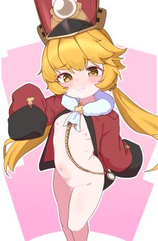 1girl absurdres blonde_hair bottomless censored cleft_of_venus commentary commission english_commentary feet_out_of_frame grin hat heart heart_in_eye highres honkai:_star_rail honkai_(series) hook_(honkai:_star_rail) jacket lk149 loli long_hair long_sleeves looking_at_viewer mosaic_censoring naked_jacket nipples open_clothes open_jacket parted_lips pink_background pixiv_commission pussy pussy_juice red_hat red_jacket sleeves_past_wrists smile solo symbol_in_eye twintails variant_set yellow_eyes