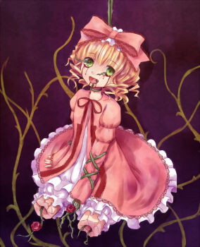 Rule 34 | 1girl, amputee, blonde hair, blood, blood from mouth, bloomers, body horror, bow, cracked skin, double amputee, dress, flower, frilled dress, frills, full body, green eyes, hair bow, hinaichigo, lolita fashion, looking at viewer, open mouth, pink dress, plant, red flower, red rose, ringlets, rose, rozen maiden, short hair, solo, underwear, vines, white bloomers, yuyuzuki (yume usagi)